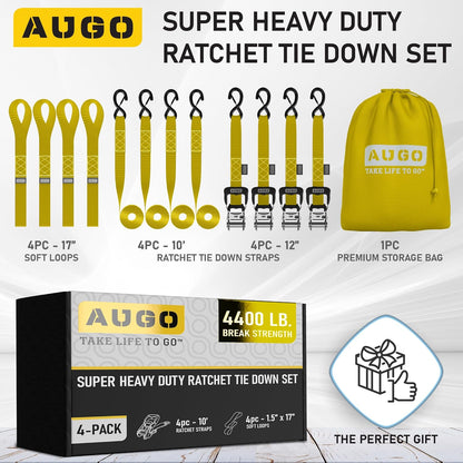 AUGO Heavy Duty Ratchet Straps & Soft Loops – Pack of 4 Extra Strong 1.5” by 10’ Ratchet Straps w/S-Hook Safety Latches & 4 Soft Loop Tie Downs – 4400Lb Break Strength for Motorcycles, ATVs, Etc.