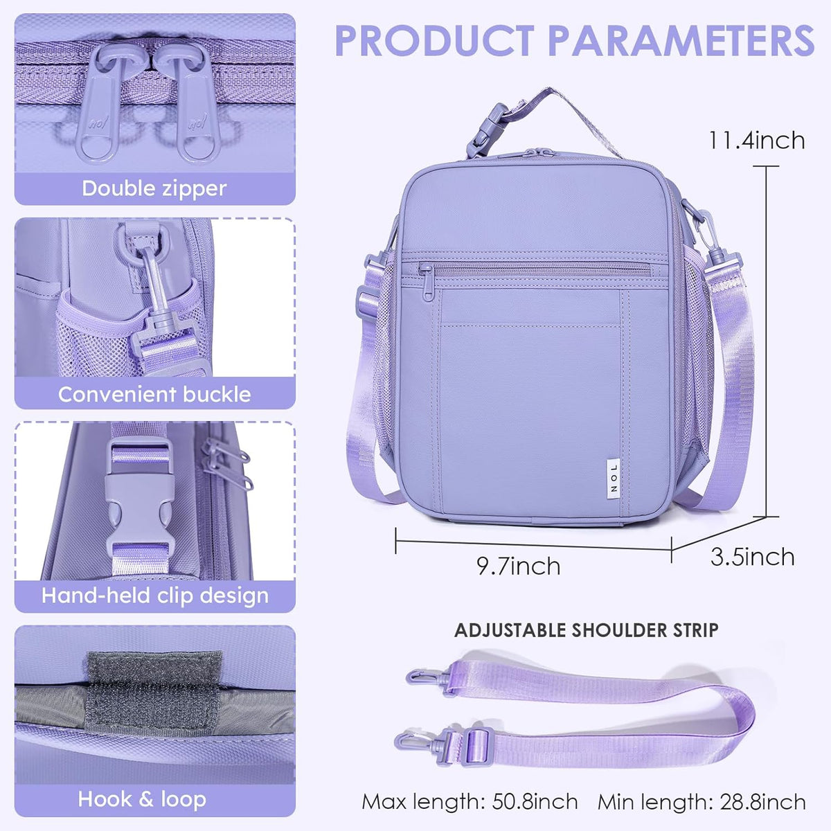 NOL Nylon Waterproof Kids Lunch Bag, Insulated Lunch Bag, Lunch box Cooler, Reusable, Zip Closure with Buckle Handle Holds Lunch Box, Snacks & Water Bottle for School Work,Light purple