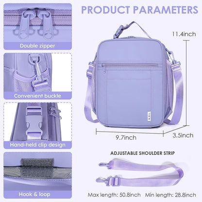 NOL Nylon Waterproof Kids Lunch Bag, Insulated Lunch Bag, Lunch box Cooler, Reusable, Zip Closure with Buckle Handle Holds Lunch Box, Snacks & Water Bottle for School Work,Light purple