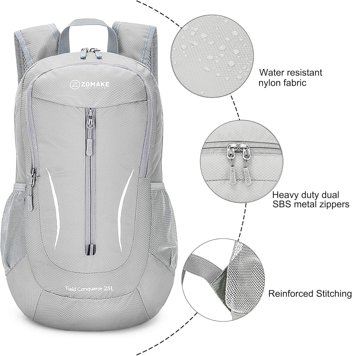 ZOMAKE Ultra Lightweight Packable Backpack 25L, Foldable Hiking Backpacks Water Resistant Small Folding Daypack for Travel(Sliver Grey)