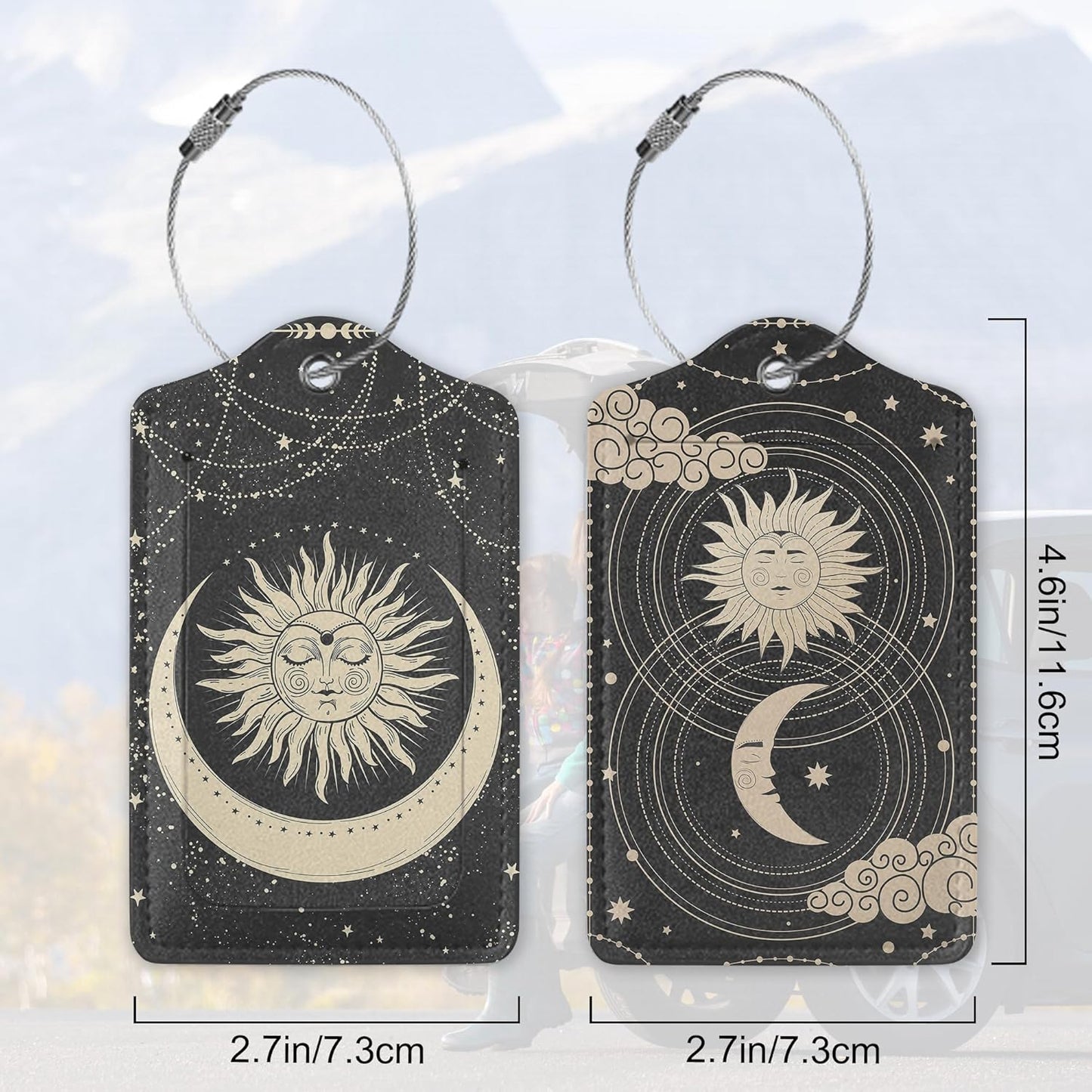 Boho Crescent Moon and Sun with Face Luggage Tags for Suitcases, 2 Pack Cute PU Leather Suitcase Tag Identifiers with Address Card for Baggage Tag