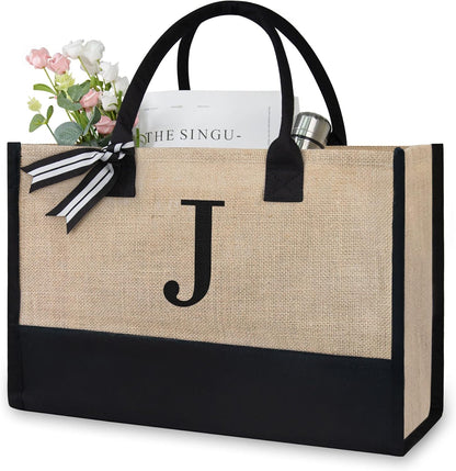 TOPDesign Initial Jute/Canvas Tote Bag, Personalized Present Bag, Suitable for Wedding, Birthday, Beach, Holiday, is a Great Gift for Women, Mom, Teachers, Friends, Bridesmaids (Letter J)