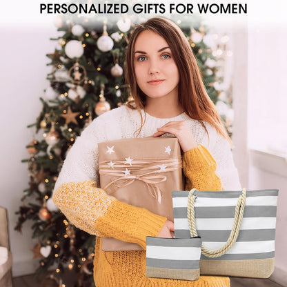 Becokan Beach Bag Initial Beach Tote with Makeup Bag for Travel Work Storage Personalized Birthday Gifts for Women Her