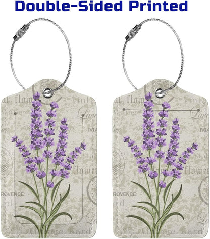 2 Pcs Purple Lavender Luggage Tags for Women Girls Travel, Cute Flower PU Leather Bag Tags Baggage for Suitcases with Stainless Steel Loop & Privacy Name ID Card Cover Identifiers Labels Set