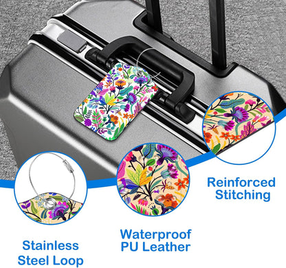 Colorful Flowers and Tropical Leaves Luggage Tags for Suitcases Leather Travel Tags for Luggage ID Label with Privacy Cover and Stainless Steel Loop for Men Women Suitcase Backpack, Set of 2