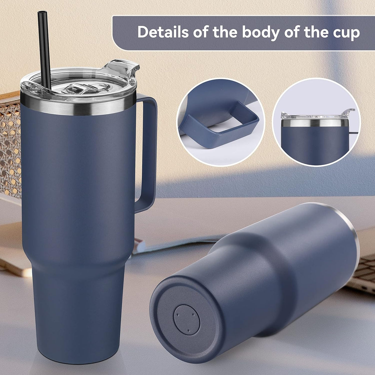 HASLE OUTFITTERS 40 oz Stainless Steel Tumbler with Handle, Vacuum Insulated Tumblers Bulk, Reusable Double Wall Travel Coffee Mug, Durable Powder Coated Water Bottles(Navy, 8)