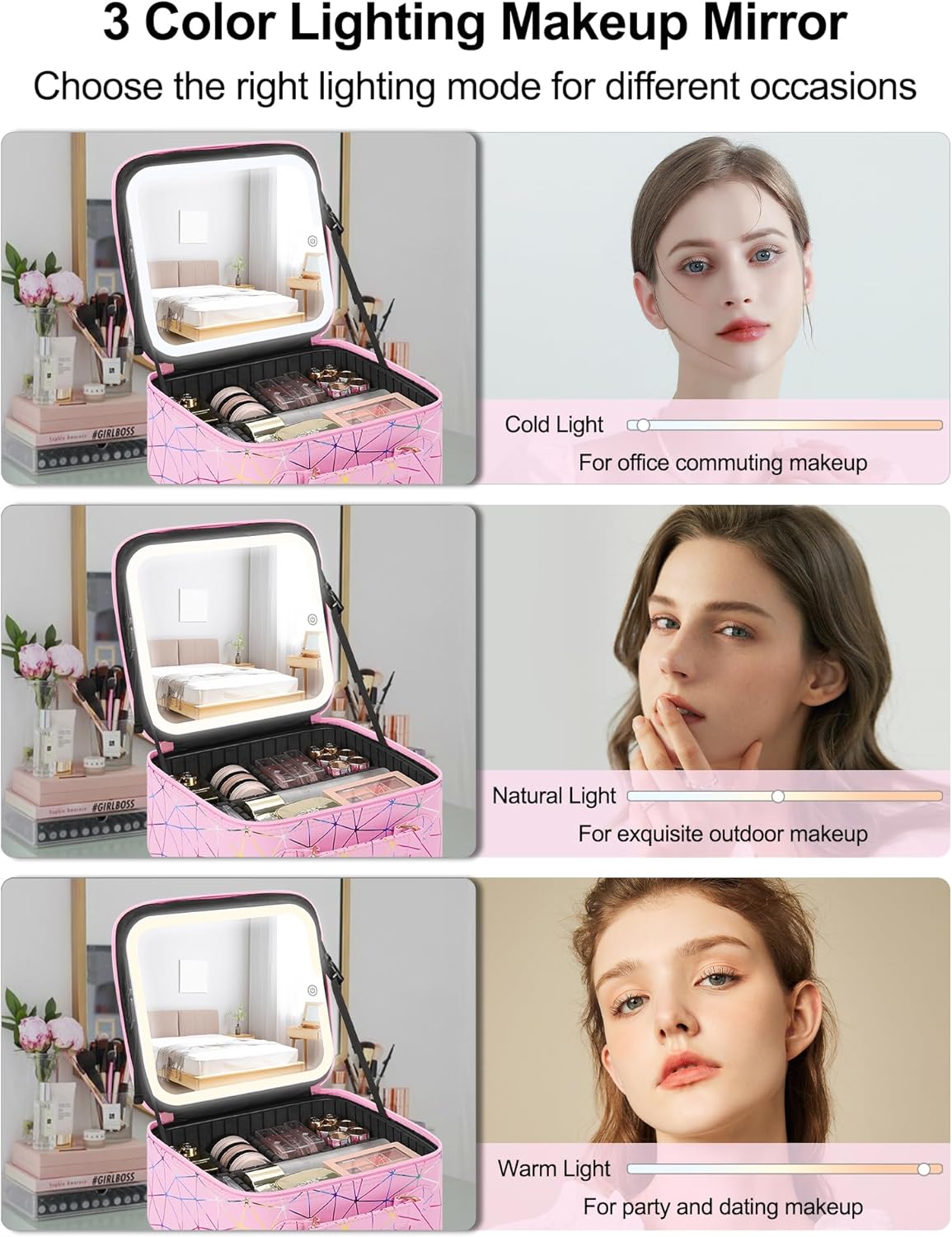 Chomeiu Makeup Bag with LED Mirror, Cute Cosmetic Bags Birthday Gifts for Girls Women, Makeup Train Case Artists Organizer Large Make Up Bags with Light Up Mirror 3 Color Lights, Pink Geometry