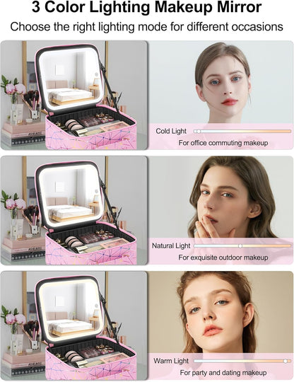 Chomeiu Makeup Bag with LED Mirror, Cute Cosmetic Bags Birthday Gifts for Girls Women, Makeup Train Case Artists Organizer Large Make Up Bags with Light Up Mirror 3 Color Lights, Pink Geometry