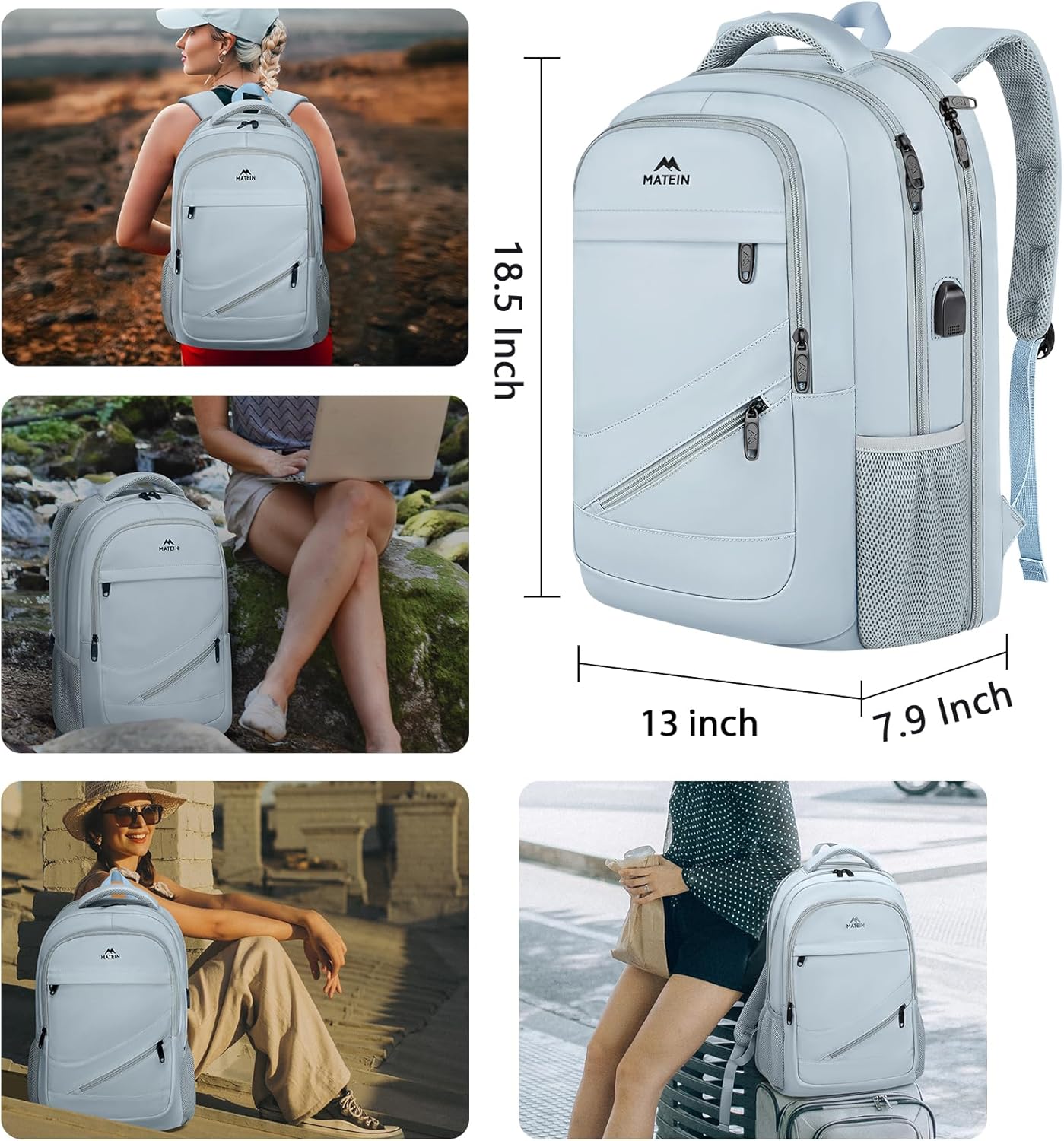 MATEIN College Backpack Women, 17 Inch Large Capacity School Laptop Bookbag with USB Port for Teachers, Water Resistant Nursing Work Computer Backpack, Multiple Pockets Travel Daypack, Haze Blue