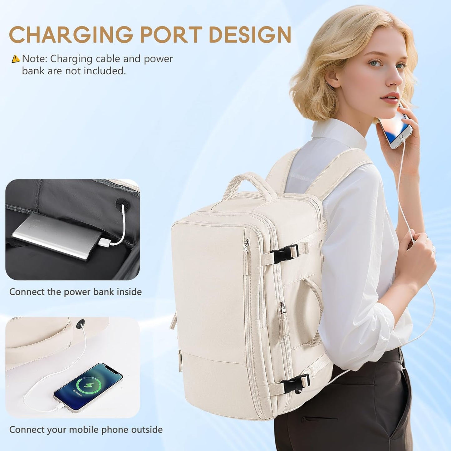 Beraliy Travel Backpack Airline Approved, Carry on Backpack, 16 Laptop Backpack, Waterproof Weekender Bag, Casual Daypack, Hiking Backpack, Beige