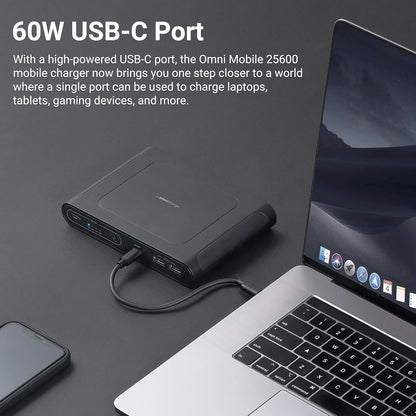 Omni Mobile 25600mah 25600 Laptop Power Bank, Universal Charger for All Devices, Fast Charging DC, USB-C & QC 3.0 Ports, Wireless Charging, Travel-Friendly Power Solution