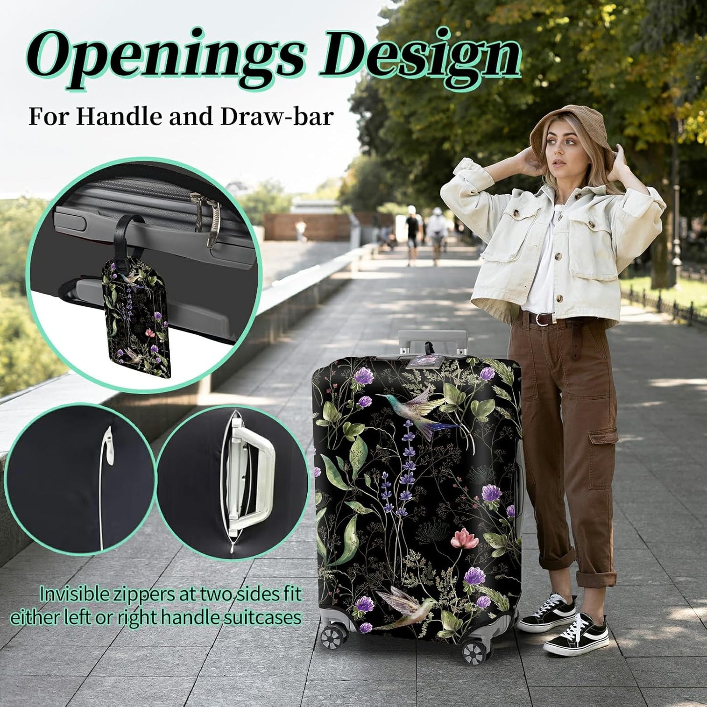 Luggage Cover Suitcase Protector + Luggage Tag, Wild Flowers Hummingbird Travel Suitcase Cover for 18-20 inch Luggage (S) with Concealed Zipper Washable Elastic Cloth Dustproof Anti-Scratch