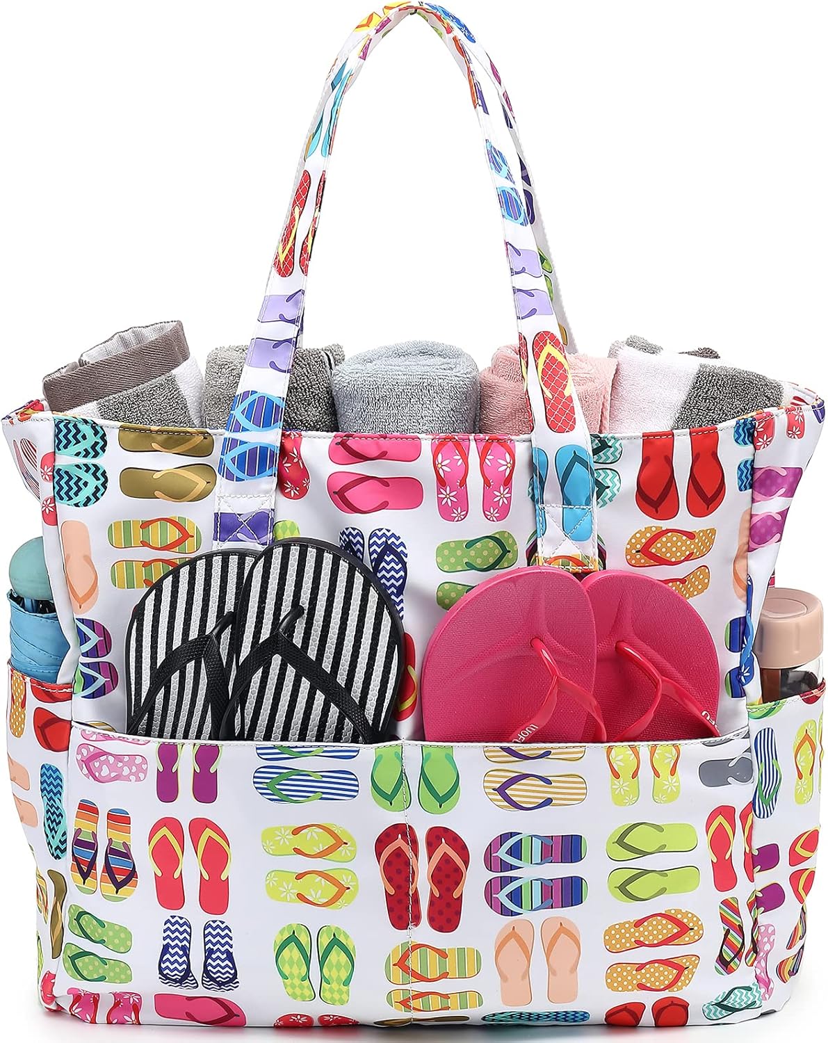 LEDAOU Large Beach Tote Bag Women Waterproof Sandproof Zipper Beach Tote Bag for Pool Gym Grocery Travel with Wet Pocket