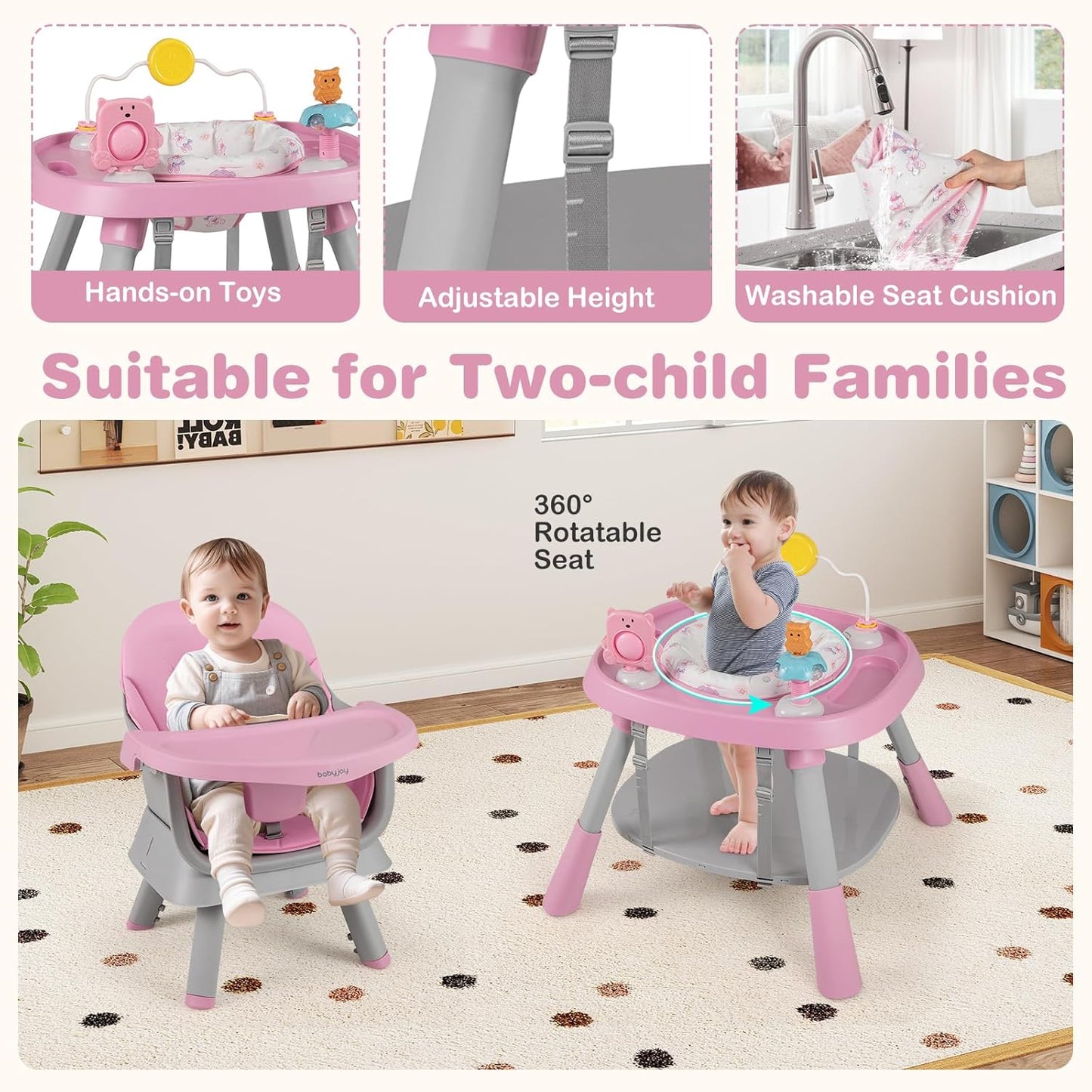 BABY JOY 16 in 1 High Chair, Convertible Baby Highchair for Babies and Toddlers with Activity Center, Booster Seat, Building Block Table, Toddler Chair with Safety Harness, Removable Tray (Pink)