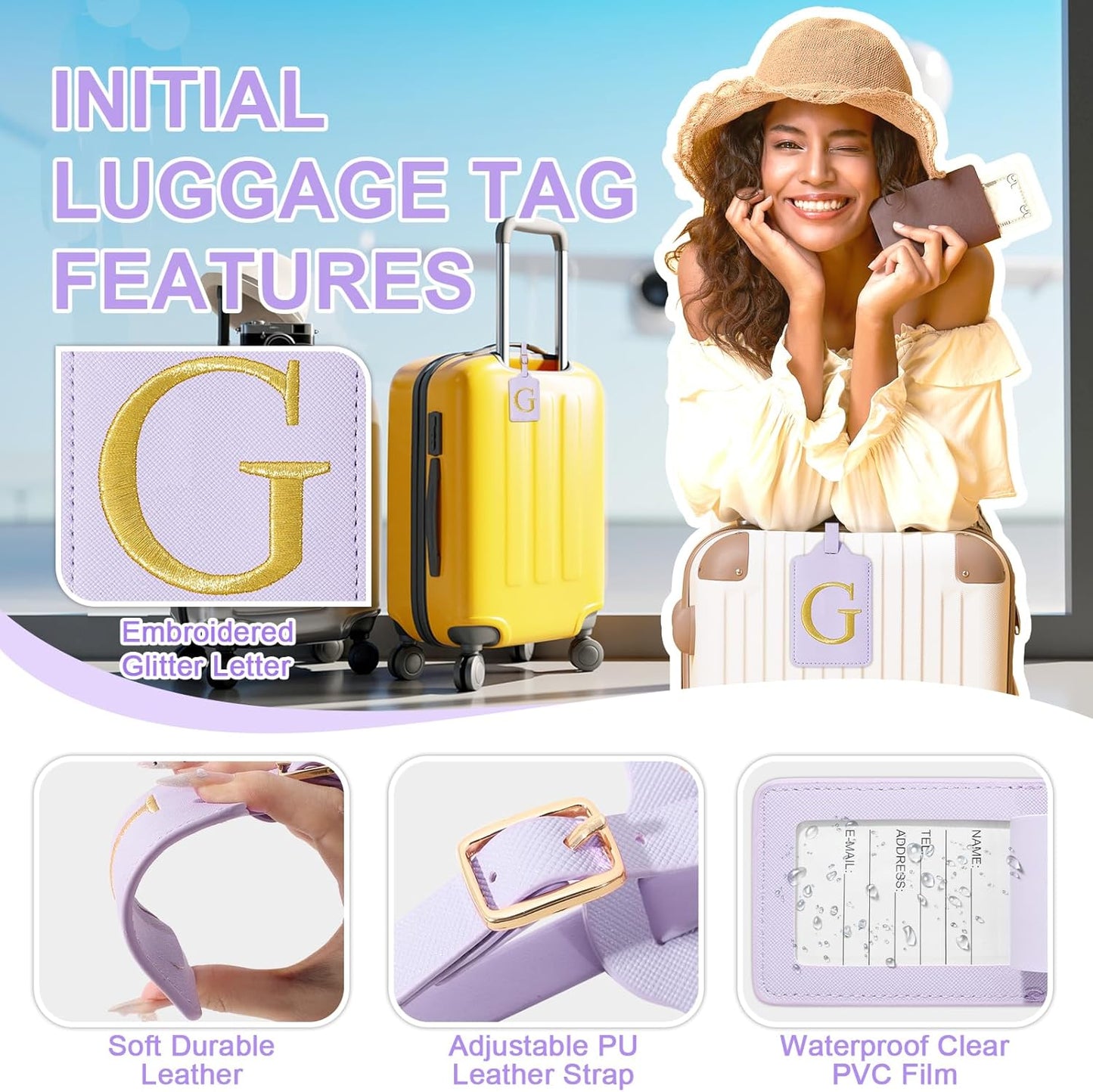 Personalized Initial Luggage Tags for Suitcase, Purple Leather Cute Luggage Tags with Privacy Cover Name Card, Embroidered Custom Monogrammed Luggage Tag Travel Backpack Tags Gifts for Women Kids(G)