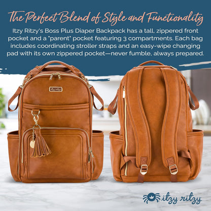Itzy Ritzy Diaper Bag Backpack – Large Capacity Boss Plus Baby Backpack Diaper Bag Featuring 19 Pockets, Changing Pad, Stroller Clips, and Comfortable Straps (Cognac)