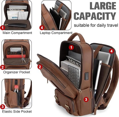 Tzowla Leather Laptop Backpack, Bag for Men and Women,Business Travel Work Rucksack Fits 15.6 Inch Laptop, Bookbag with USB and Type-C Charging Port-Brown
