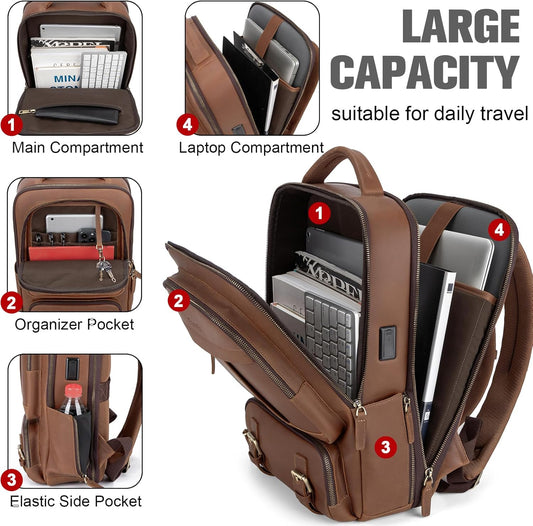 Tzowla Leather Laptop Backpack, Bag for Men and Women,Business Travel Work Rucksack Fits 15.6 Inch Laptop, Bookbag with USB and Type-C Charging Port-Brown