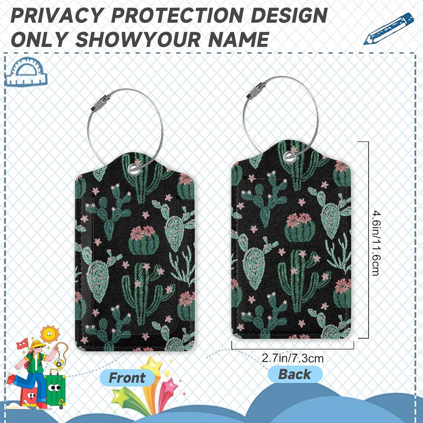 Abstract Cactus Plants Luggage Tag for Suitcase 2 Pcs Unique Leather Suitcase Tags with Full Privacy Cover Stainless Steel Loop for Women Men Travel Baggage Bag Backpack