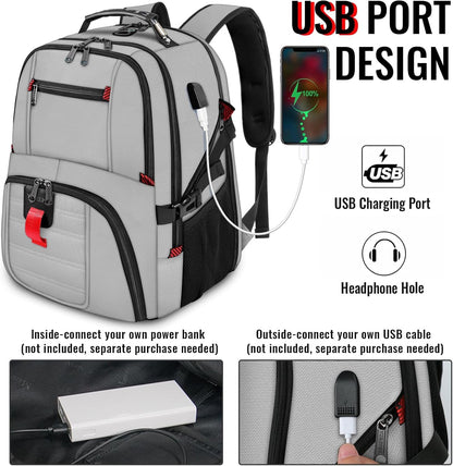 YOREPEK Travel Backpack, Extra Large 50L Laptop Backpacks for Men Women, Water Resistant College Backpack Airline Approved Business Work Bag with USB Charging Port Fits 17 Inch Computers, Light Grey