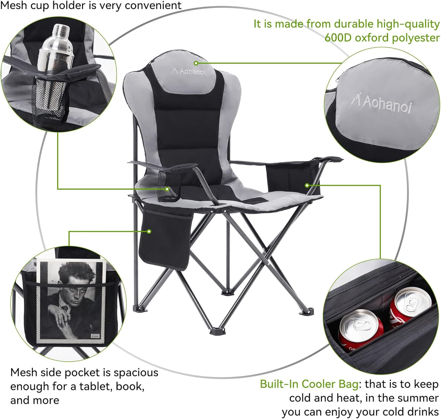 Camping Chairs for Heavy People, Folding Chairs for Outside Outdoor Folding Chairs with Cup Holder & Cooler Bag, Camp Chairs Supports up to 300lbs(1 PC, Black)