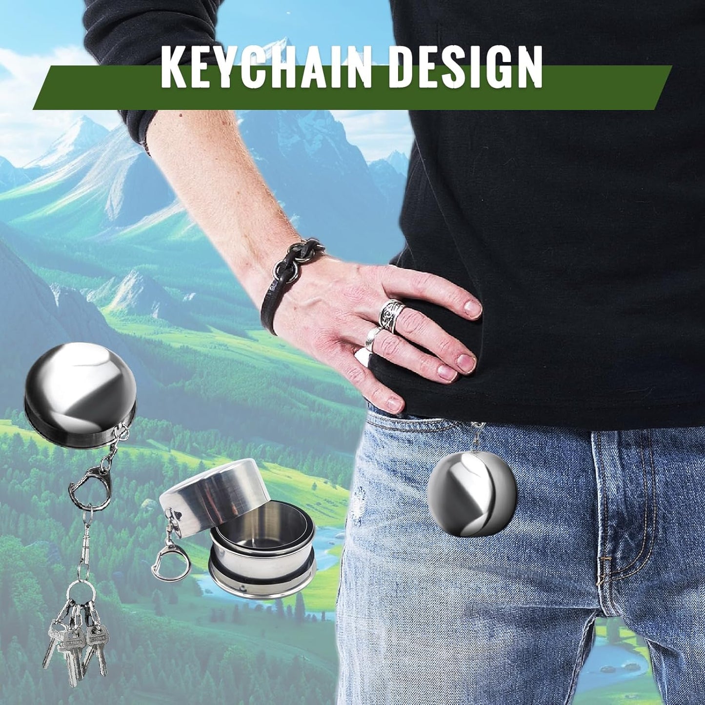 2 Pcs Stainless Steel Collapsible Cup, Foldable Cup with Lid and Keychain, Collapsible Cups for Traveling, Camping, Hiking, Biking and Daily Use (Middle)