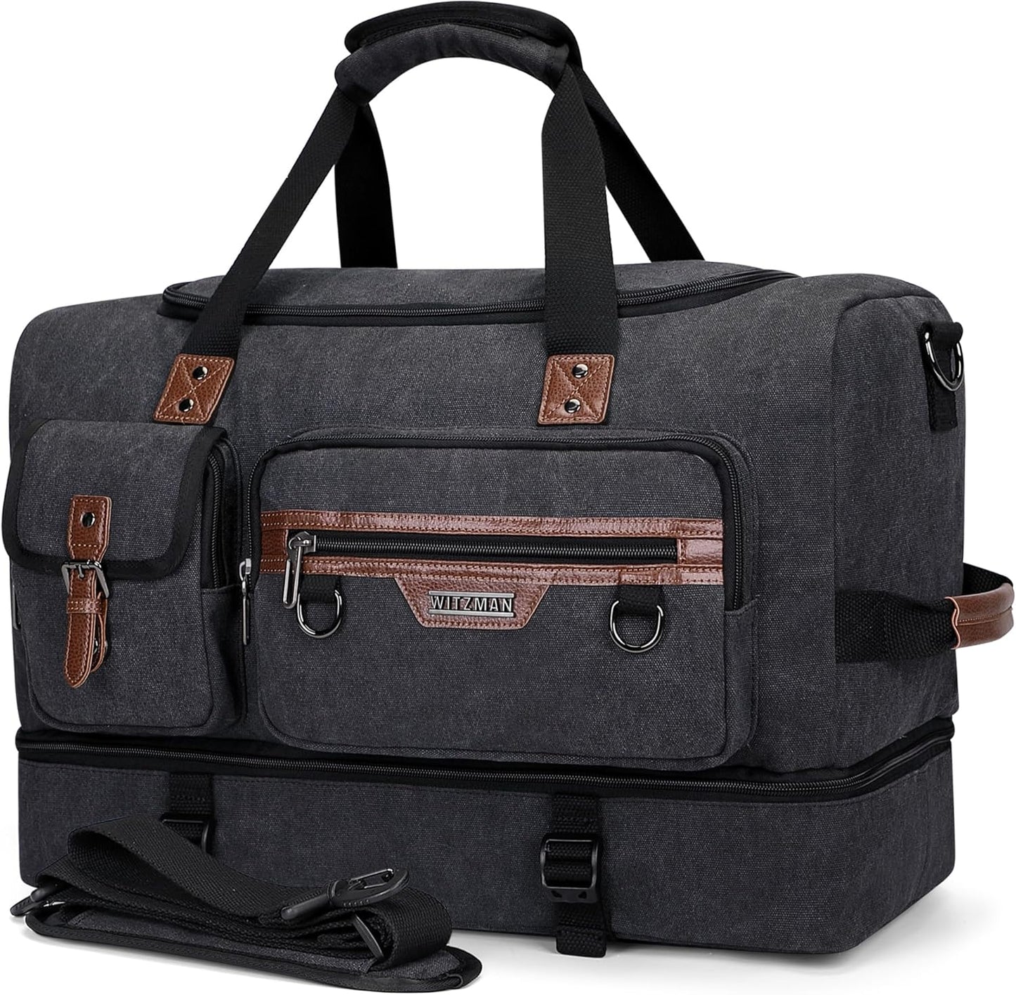 WITZMAN Canvas Weekender Bag Mens Overnight Bag for Traveling Carry on Duffle Bags with Shoes Compartment（A8010 Black）