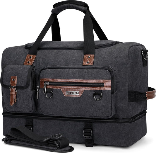 WITZMAN Canvas Weekender Bag Mens Overnight Bag for Traveling Carry on Duffle Bags with Shoes Compartment（A8010 Black）