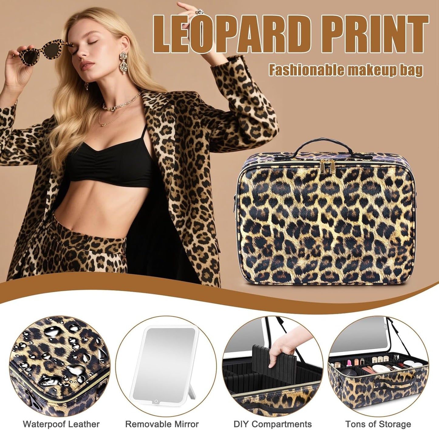 Large Travel Makeup Bag with LED Mirror, 3-Color Stepless Dimming Stand Mirror Detachable, with Adjustable Divider, Makeup Brush Holder Storage (Leopard)