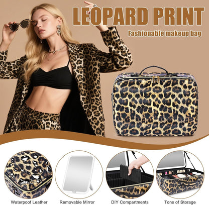 Large Travel Makeup Bag with LED Mirror, 3-Color Stepless Dimming Stand Mirror Detachable, with Adjustable Divider, Makeup Brush Holder Storage (Leopard)