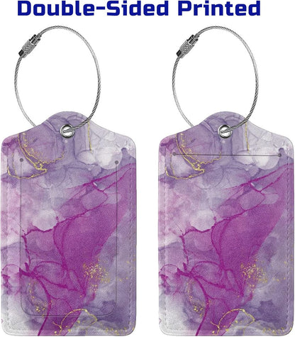 2 Pack Abstract Purple Luggage Tag for Suitcases Women, Art Painting Violet and Gold Marble PU Leather Airport Travel Bag Tags for Cruise Ships, Baggage Name Tags with with Full Back Privacy Cover