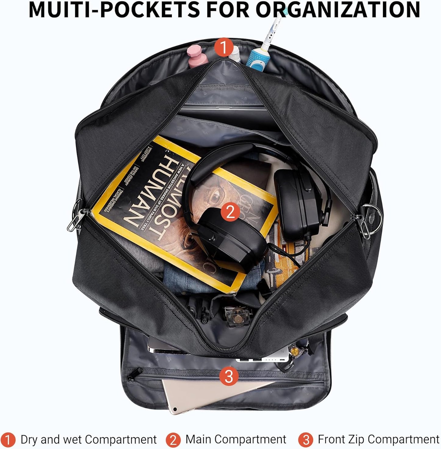 WITZMAN Weekender Bags for Men Women Carry On Duffle Overnight Bag with Toiletry Bag Sets Travel Duffel Bag Shoes Compartment （B694 Black）