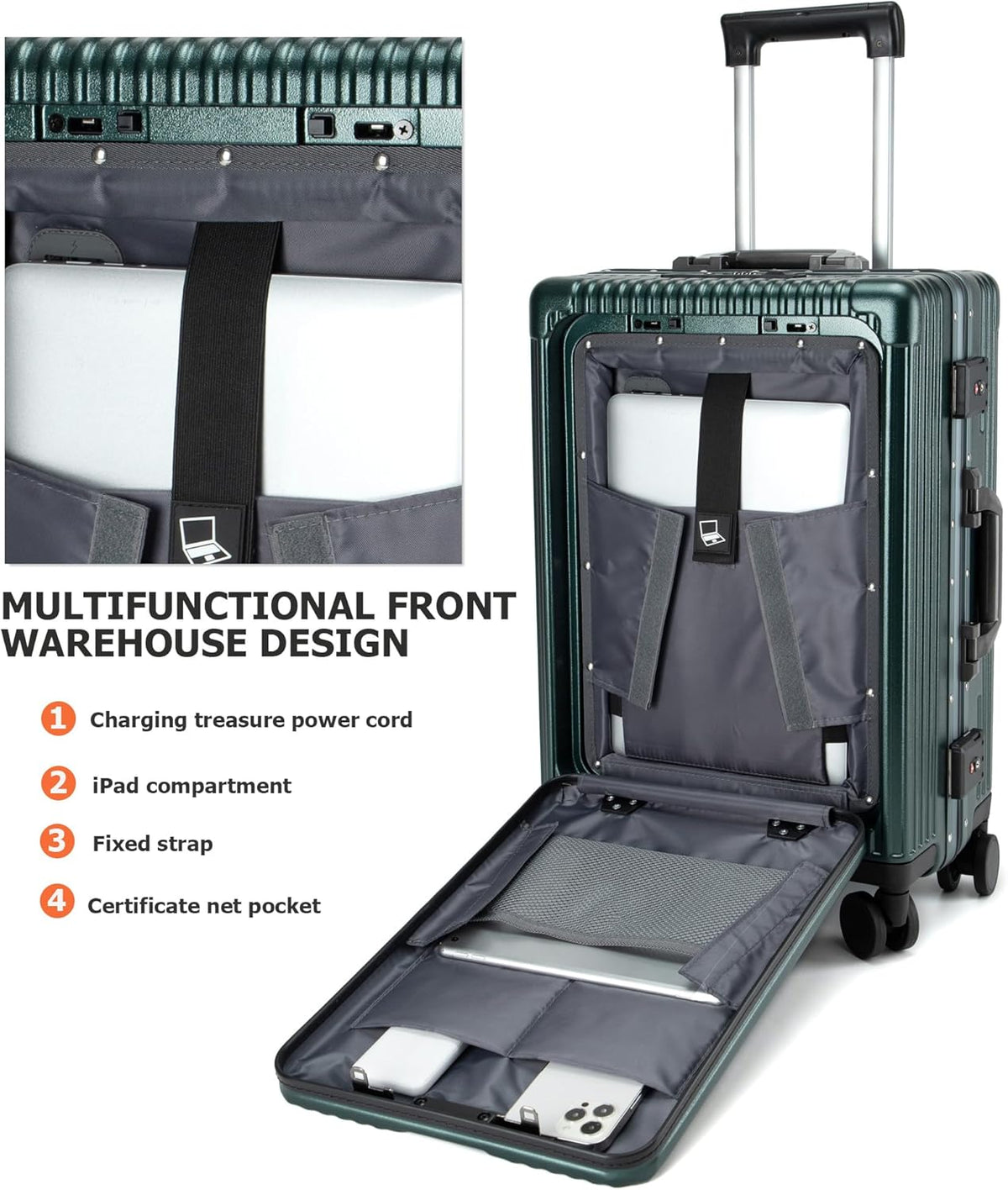 feilario 24in Aluminium Frame PC Hard Shell Spinner Wheels Luggage, Built-In TSA lock Carry on Suitcase, with Cup Holder, USB Port, Phone Holder