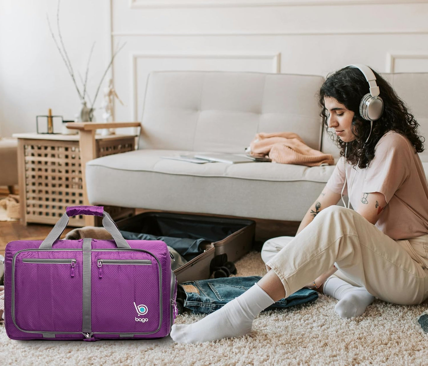 Bago Foldable Duffel Bags for Traveling Women & Men - 40L Sports Packable Duffle Bag for Travel with Shoe Compartment - Water Repellant, Heavy Duty, Lightweight Folding & Collapsible (Purple)