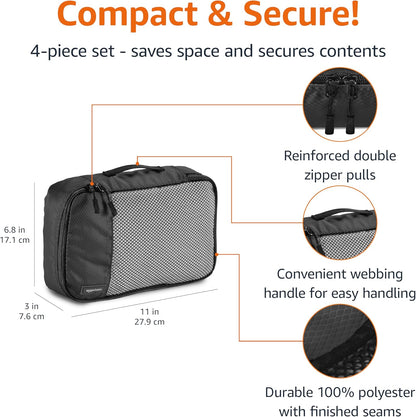 Amazon Basics Small Packing Cubes for Travel, Packing Organizers, 4-Piece-Set With Double Zipper Pulls and Mesh Top Panel, 100% Durable Polyester, Black, 11"L x 6.8"W x 3"H