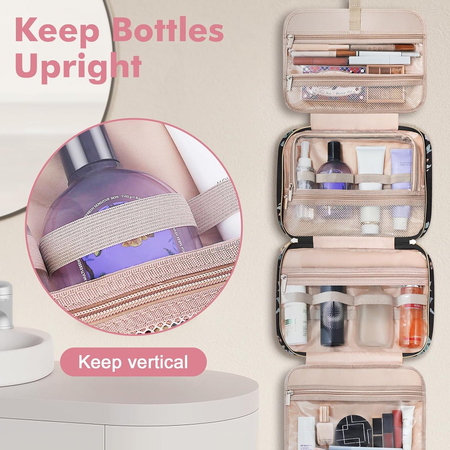 Wedama Toiletry Bag for Women, Large Cosmetic Travel Bag, Hanging Toiletry Bag for Bathroom, PVC Waterproof Makeup Bag, Toiletries Bag for Travel Business Trips and Camping, Black+Pink Floral