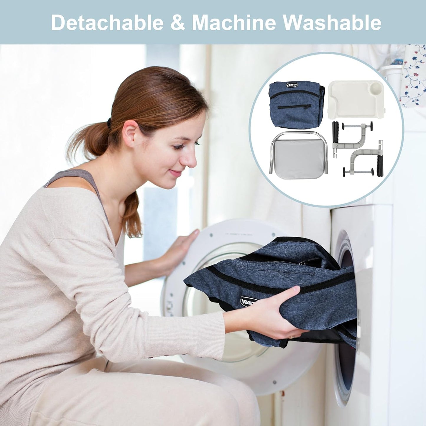 Hook On High Chair, Jozzve Clip on High Chair with Removable Dining Tray for Babies and Toddlers, Fold-Flat Storage Portable Baby Feeding Seat, Attach to Fast Table Chair for Home Travel (Navy)