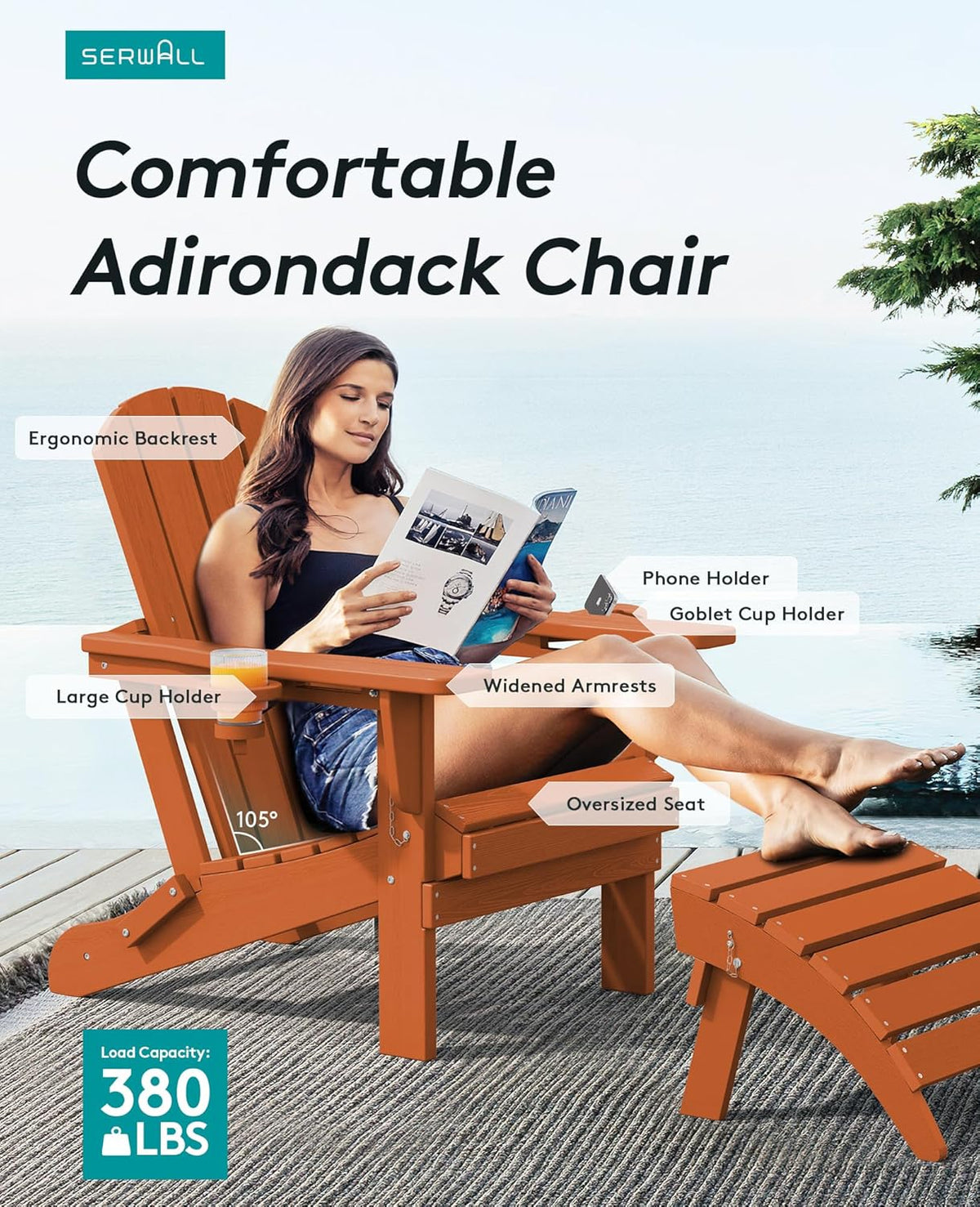 SERWALL Adirondack Chair with Cup Holders - Composite Adirondack Chairs Set of 4 HDPE Outdoor Chairs All Weather Use- Orange