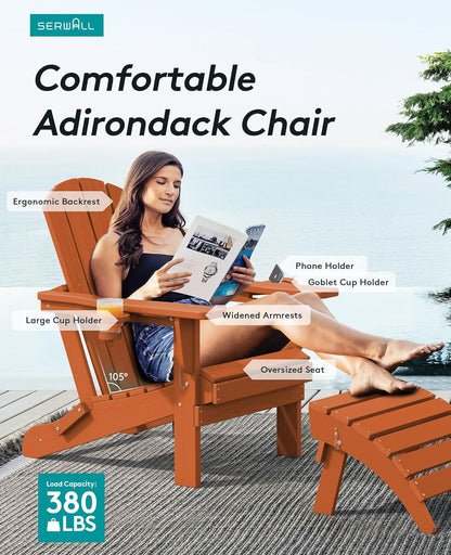 SERWALL Adirondack Chair with Cup Holders - Composite Adirondack Chairs Set of 4 HDPE Outdoor Chairs All Weather Use- Orange