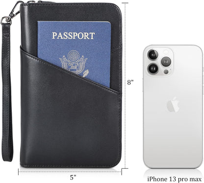 Polare Napa Leather Passport Holder With YKK Zipper RFID Blocking Travel Document Organizer Ticket Holder Cover Case Holds 2 Passports (Black)