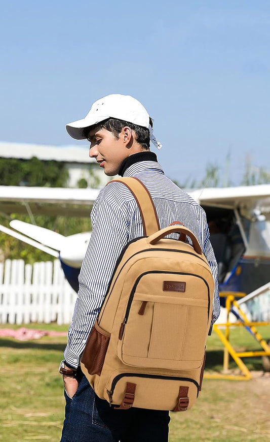 Tzowla Canvas Laptop Backpack, Bag for Men Women,Travel Work Rucksack Fits 17.3 Inch Laptop, Bookbag with USB Charging Port