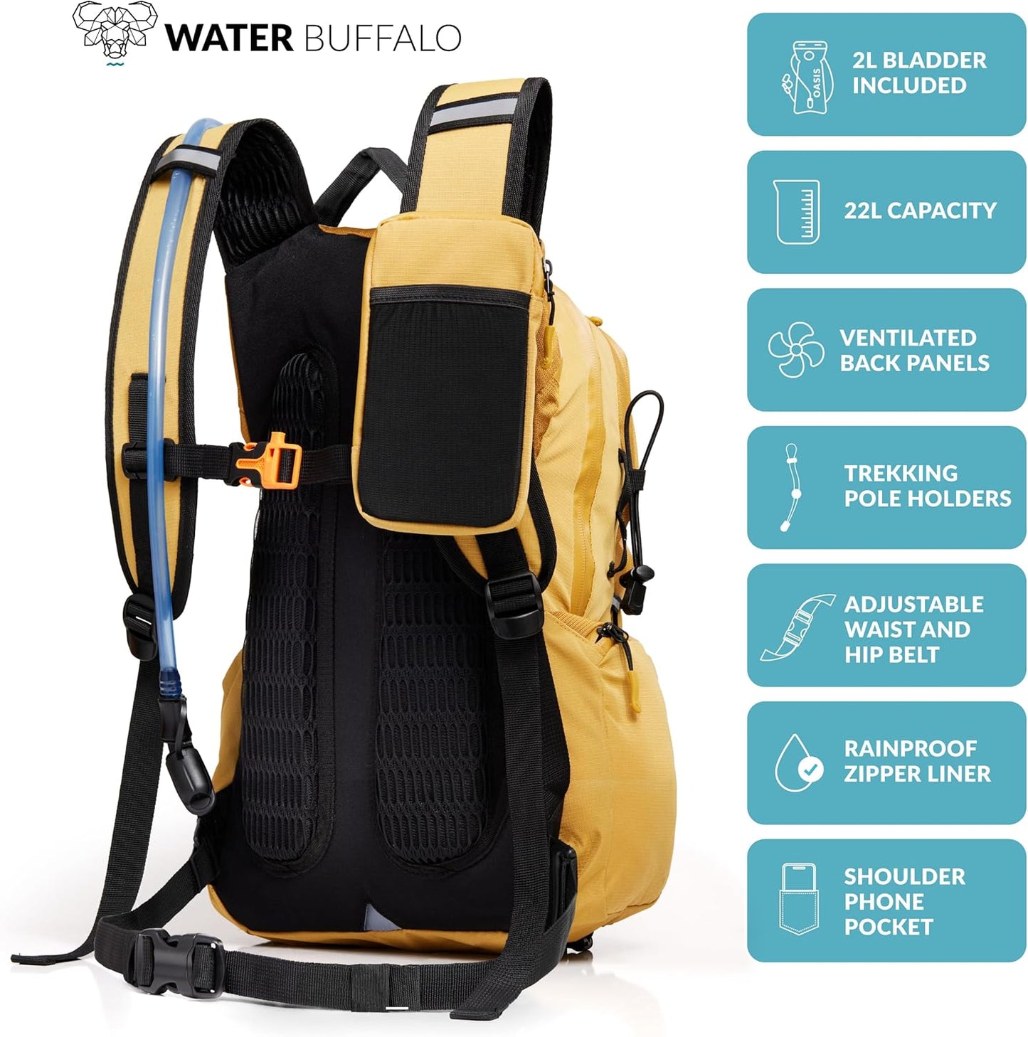 Water Buffalo Hydration Backpack - Sherpa 22L Hiking Backpack with Water Bladder - Water Backpack for Hiking with Waterproof Zippers, Phone & Pole Holders