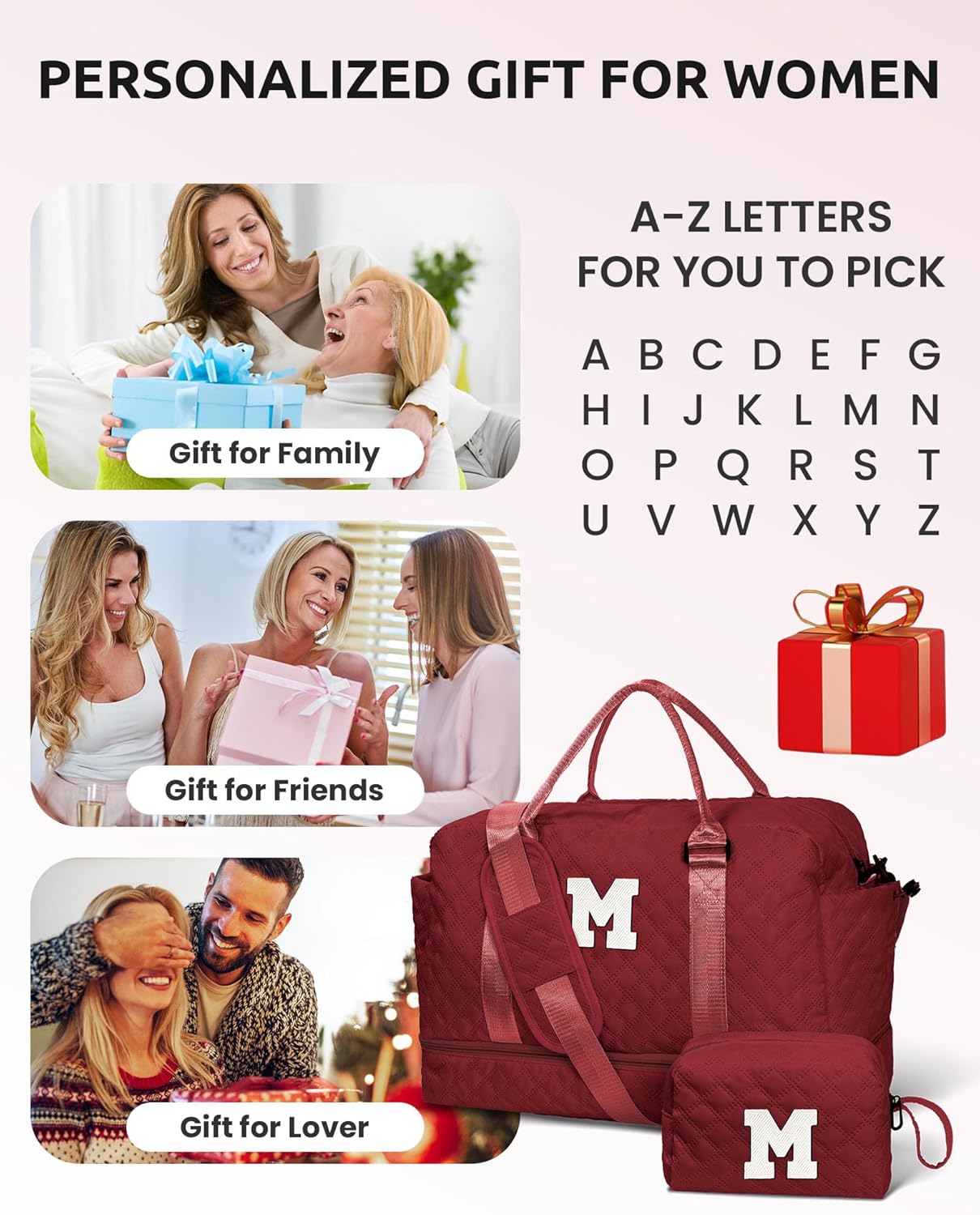 Gifts for Friends - Initial Duffle Bag - Personalized Weekender Bag With Monogram, Shoe Compartment, Travel Bag, Birthday Gift for Daughter or Sister (Letter I)