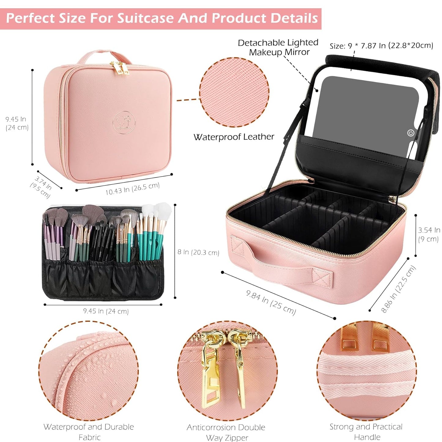 MOMIRA Travel Makeup Bag Cosmetic Bag with Lighted Mirror, Adjustable Brightness in 3 Color Scenarios, Waterproof, 10x Magnifying Mirror, Rotatable Independent Light Mirror- Pink(Solid)
