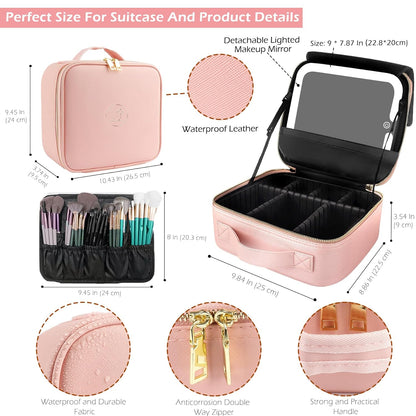 MOMIRA Travel Makeup Bag Cosmetic Bag with Lighted Mirror, Adjustable Brightness in 3 Color Scenarios, Waterproof, 10x Magnifying Mirror, Rotatable Independent Light Mirror- Pink(Solid)