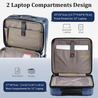 16" Carry On Briefcase Luggage with 2 Laptop Compartments, Lightweight Hardshell Suitcase with Spinner Silent Wheels, for Commute Work Business Trip, Dark Blue