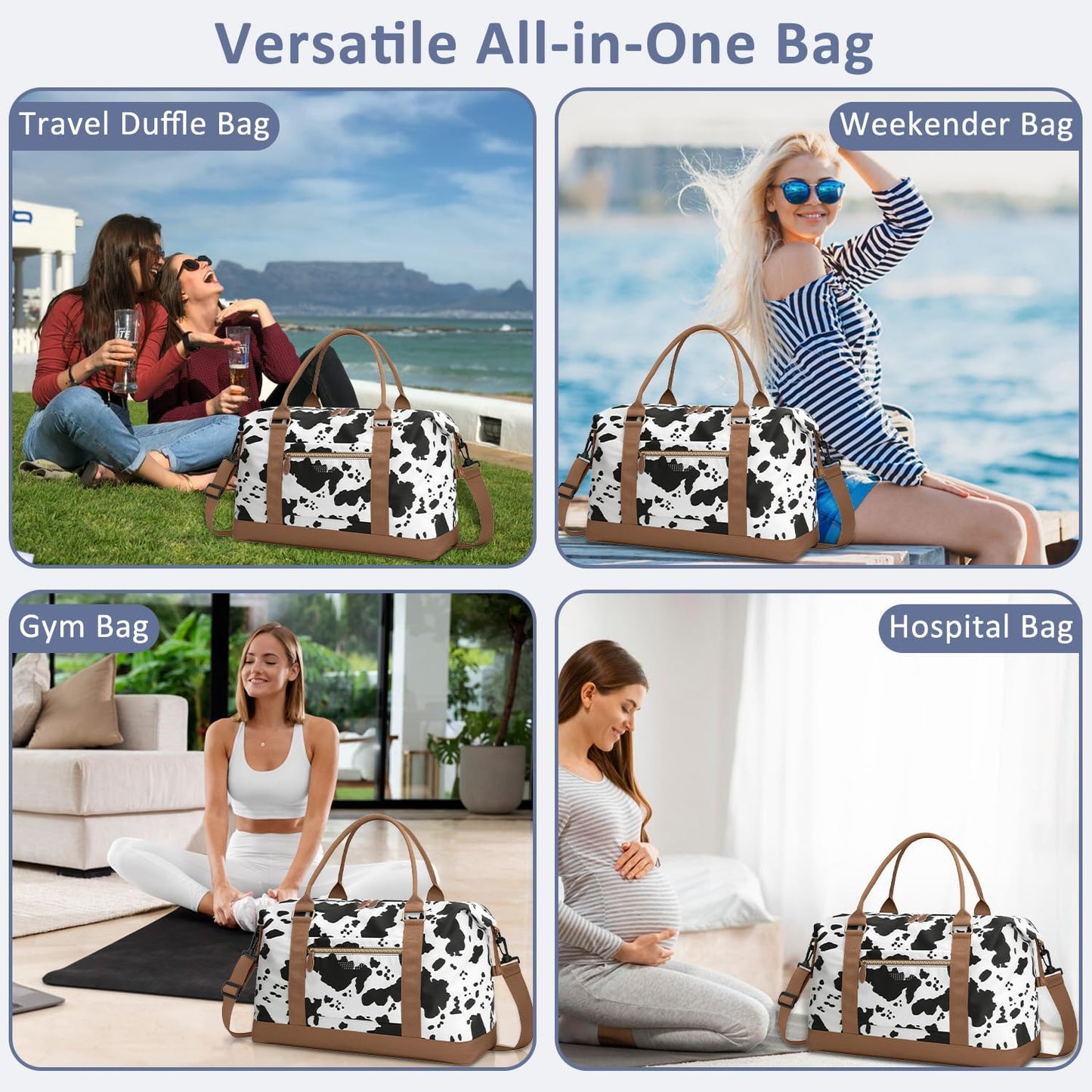 Travel Duffle Bag for Women, Weekender Bags, Hospital Bag for Labor Delivery, Lightweight Tote Duffel Overnight Bag with Luggage Sleeve, Airplane Travel Bags with Toiletry Bag, X-Large, Cow