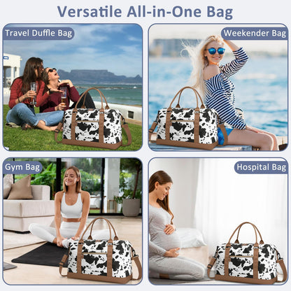 Travel Duffle Bag for Women, Weekender Bags, Hospital Bag for Labor Delivery, Lightweight Tote Duffel Overnight Bag with Luggage Sleeve, Airplane Travel Bags with Toiletry Bag, X-Large, Cow