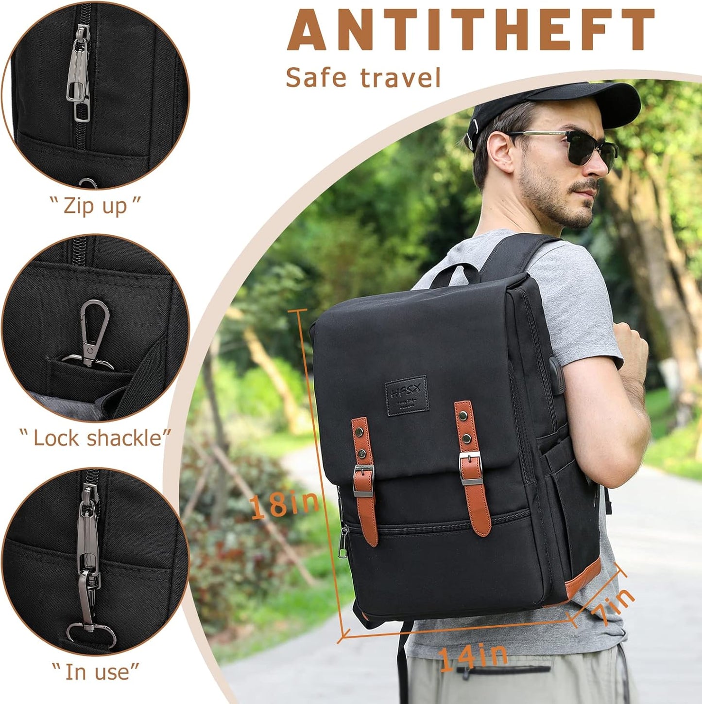 HFSX Vintage Backpack Laptop Backpack Men Women Business Travel Computer Backpack College Bookbag Stylish Water Resistant Vintage Backpack with USB Port Fits 15.6 Inch Laptop Black