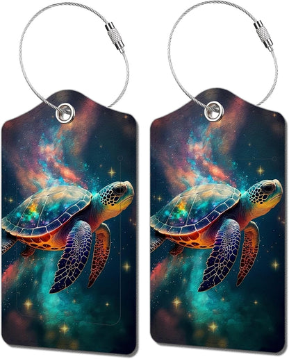 2 Pack Luggage Tag for Suitcase, Cute Unique Leather Bag Tags Identifiers Privacy Cover ID Label with Durable Steel Loop for Women Men Kids Girls Travel，TurtleE